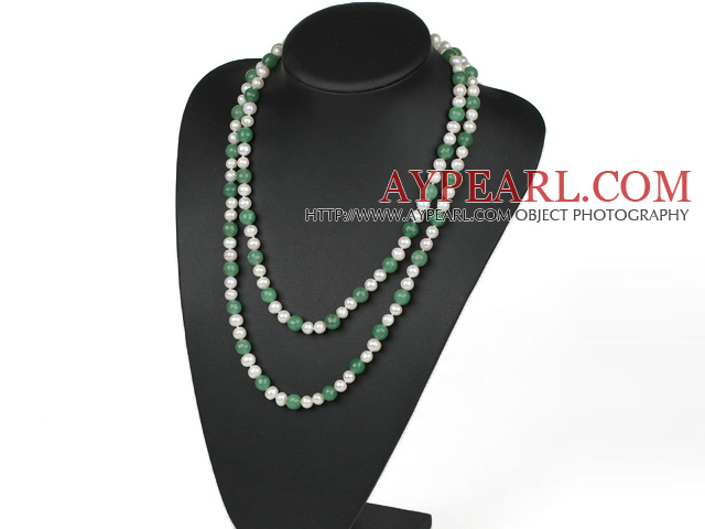 long style 47.2 inches white pearl and aventurine necklace