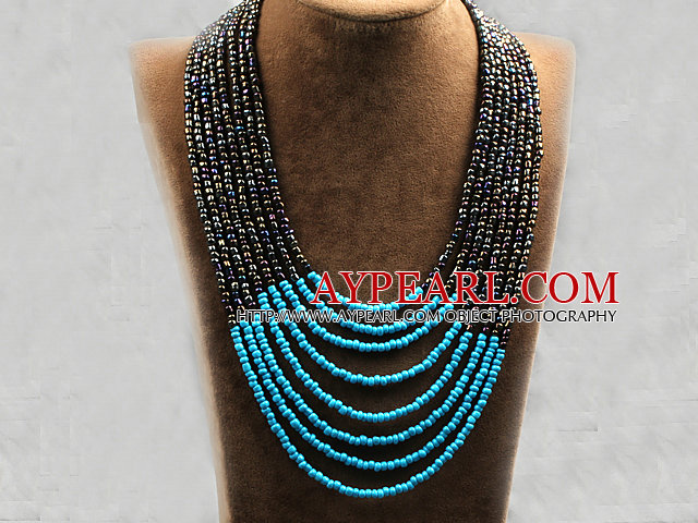 Multi Strands Multi Layered 4-5mm schwarz mit Farbe und Blue Glass Seed Halskette