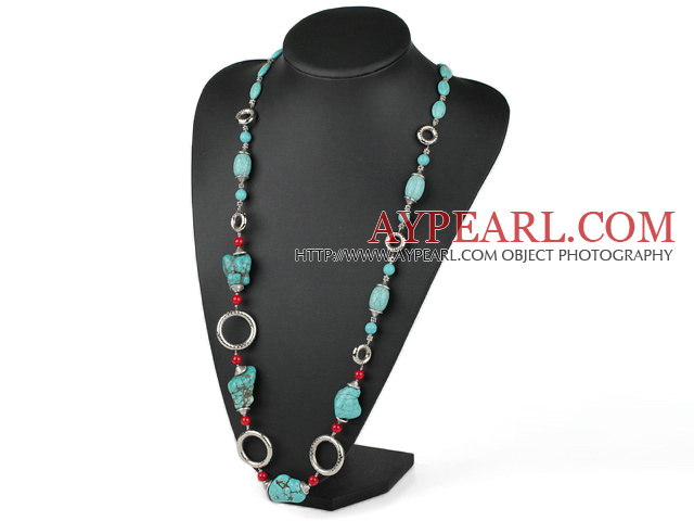Fashion Long Chain Loop Style Turquoise And Alaqueca Strand Necklace, Sweater Necklace