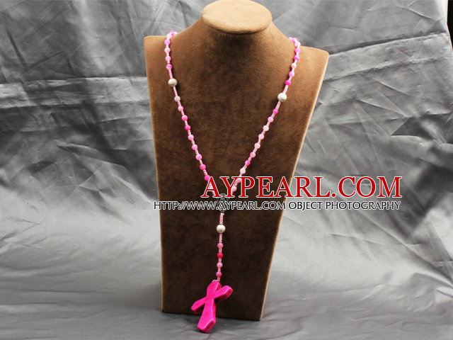 Classic Design Fashion Long Y Shape Pink Frosted Banded Agate Necklace With Cross Shape Turquoise Pendant