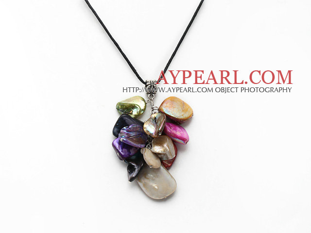 Fashion Multi Colorful Shell Cluster Pendant Necklace With Black Cords