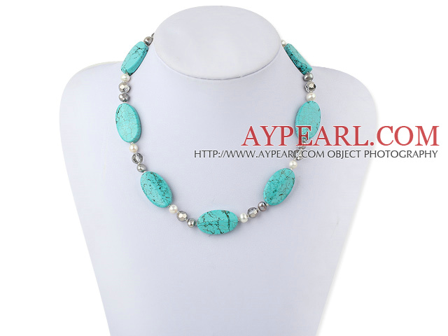 Fashion White And Gray Freshwater Pearl Crystal And Oval Blue Turquoise Necklace With Moonight Clasp