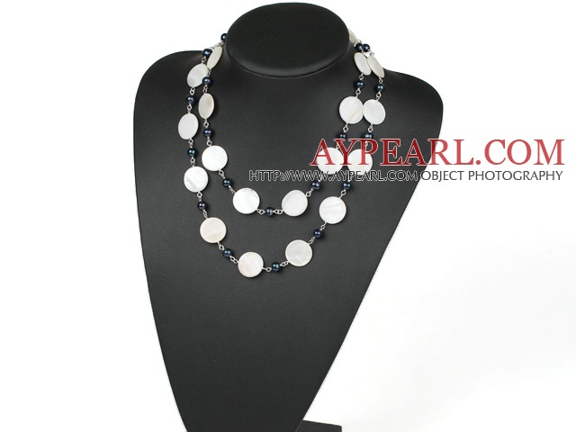 Nice Long Style White Disc Shell And Black Pearl Loop Strand Necklace