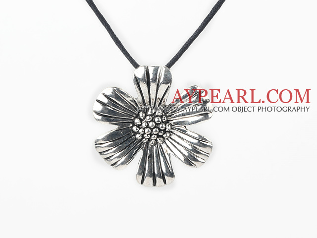 Simple Style Flower Shape Tibet Silver Pendant Necklace With Black Cord