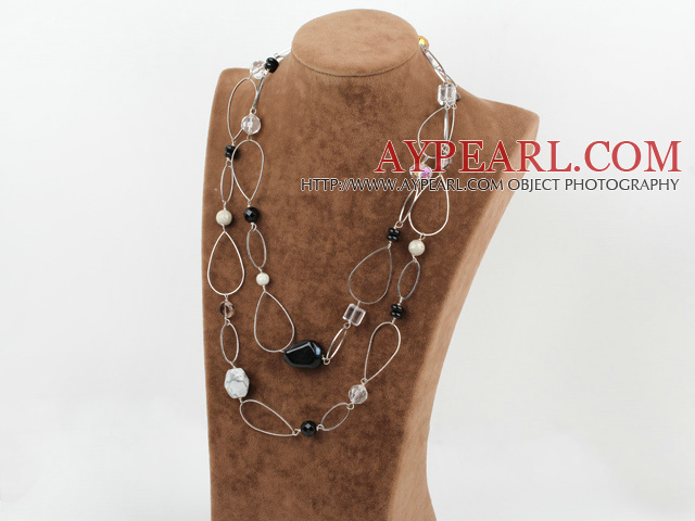 Fashion Long Style White Sea Shell Crystal And Black Agate Strand Necklace, Sweater Necklace