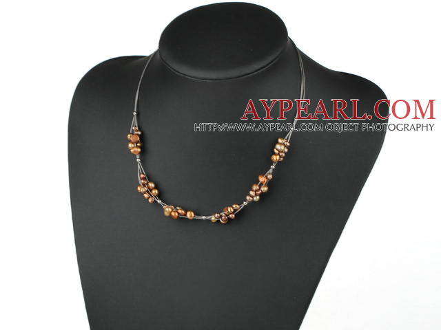 Beautiful Simple Cluster Brown Freshwater Pearl Wired Necklace