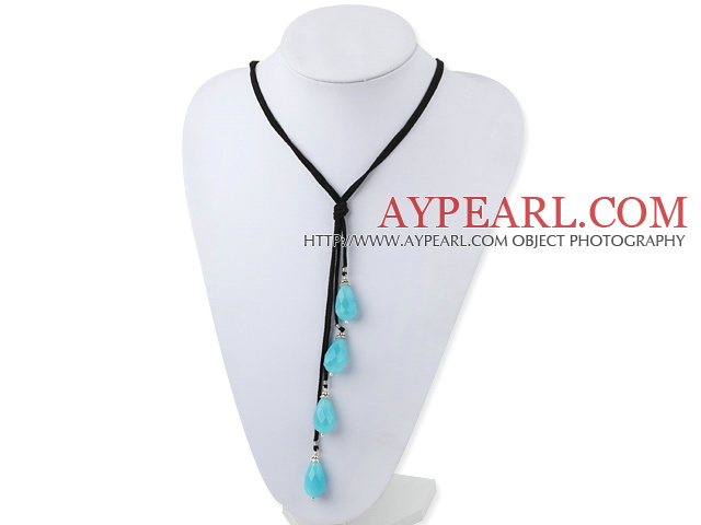 Elegant 4-Piece Faceted Teardrop Blue Jade Pendant Necklace With Hand Knotted Black Cords