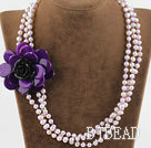 Three Strands White FW Pearl and Purple Shell Flower Necklace