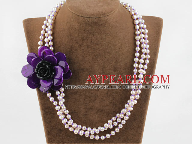 Three Strands White FW Pearl and Purple Shell Flower Necklace