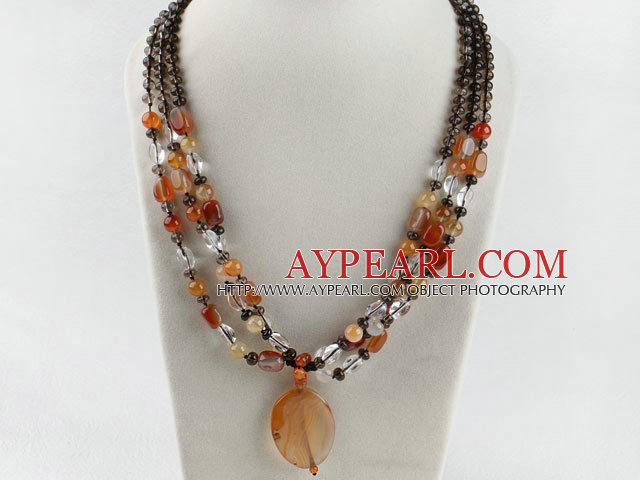 three strand smoky quartze and agate necklace with gem clasp