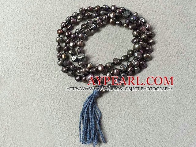 New Arrival Natural Black Potato Pearl Necklace With Deep Blue Tassel (Also can be Bracelet)
