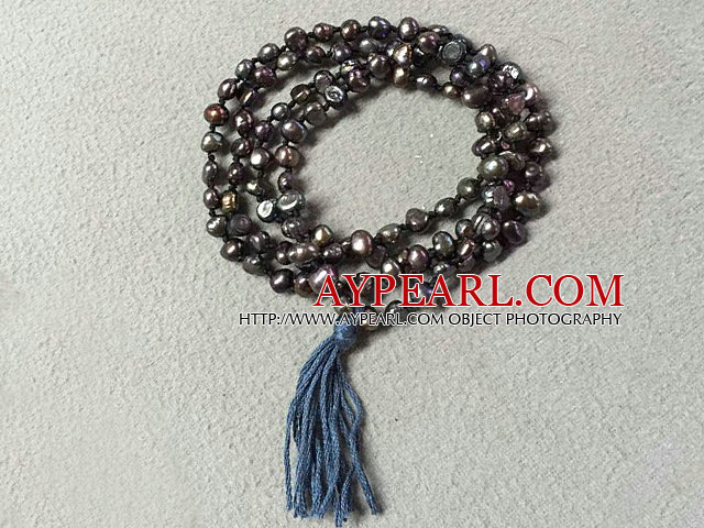 Nyanländ Natural Black Potato Pärlhalsband med Deep Blue Tassel (också kan vara Armband)