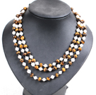 Beautiful 3 Strand Natural White Freshwater Pearl And Tiger Eye Beads Party Necklace With Shell Flower Clasp