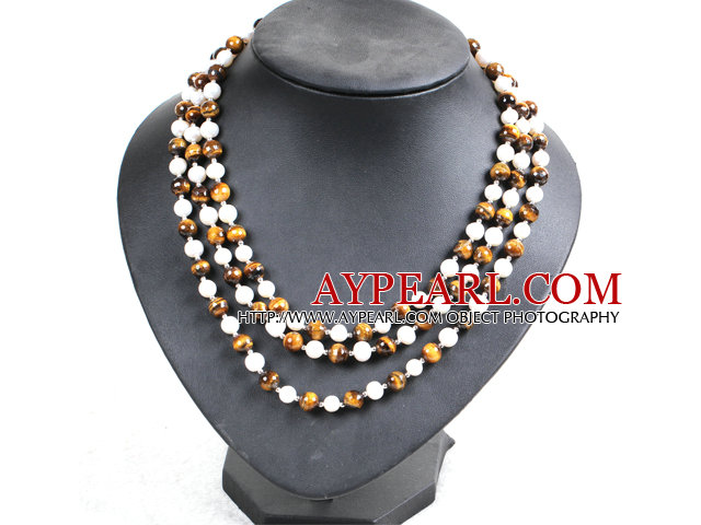 Beautiful 3 Strand Natural White Freshwater Pearl And Tiger Eye Beads Party Necklace With Shell Flower Clasp