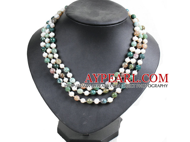 Beautiful 3 Strand Natural White Freshwater Pearl And Indian Agate Beads Party Necklace With Shell Flower Clasp