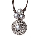 Amazing Trendy Design Single Strand Grey Freshwater Pearl Pendant Necklace with Brown Leather