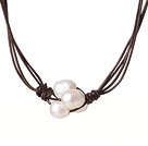 Fashion Simple Design 10-11mm Flower Shape White Pearl Beads with Dark Brown Leather Necklace