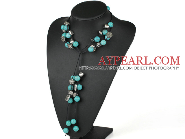 Fashon Round Blue Turquoise And Ccb Silver Like Charm Necklace With Black Thread