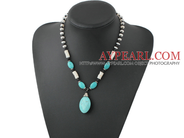 Nice Black Stone White Disc Shell And Blue Oval Turquoise Pendant Necklace