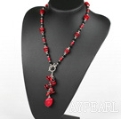 Fashion Black Crystal And Mixed Shape Red Coral Pendant Necklace With Toggle Clasp