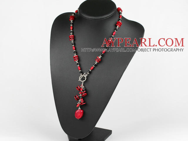 Fashion Black Crystal And Mixed Shape Red Coral Pendant Necklace With Toggle Clasp