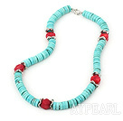 Beautiful Red Coral And Disc Blue Turquoise Beads Strand Necklace With Lobster Clasp