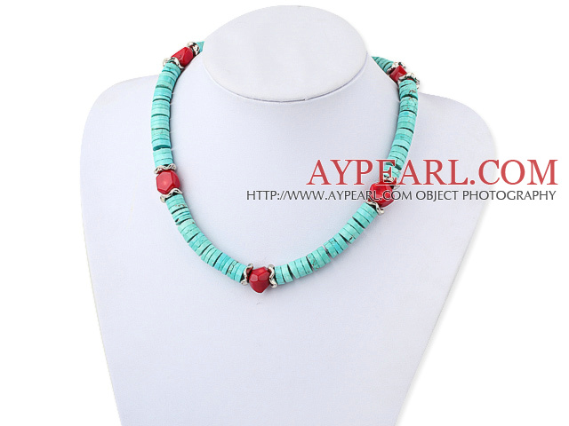 Beautiful Red Coral And Disc Blue Turquoise Beads Strand Necklace With Lobster Clasp