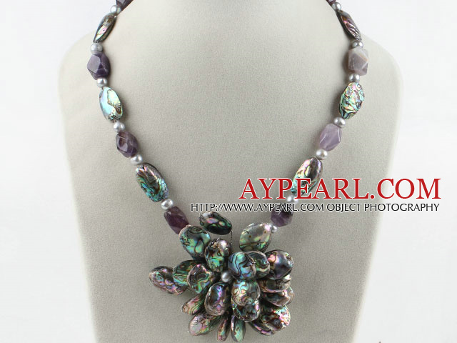 Gray pearl and amethyst and abalone shell flower necklace