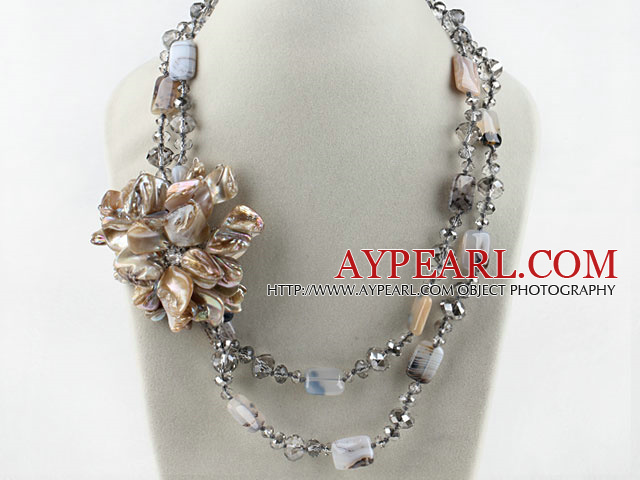 Big style crystal and gray agate and shell flower party necklace