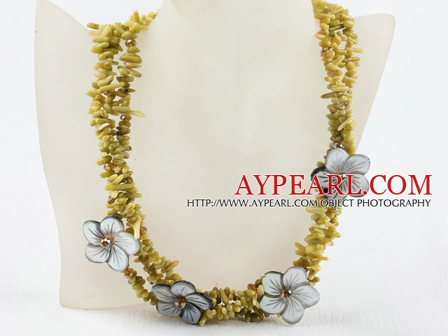 Multi strand lemon color coral chip and shell flower necklace