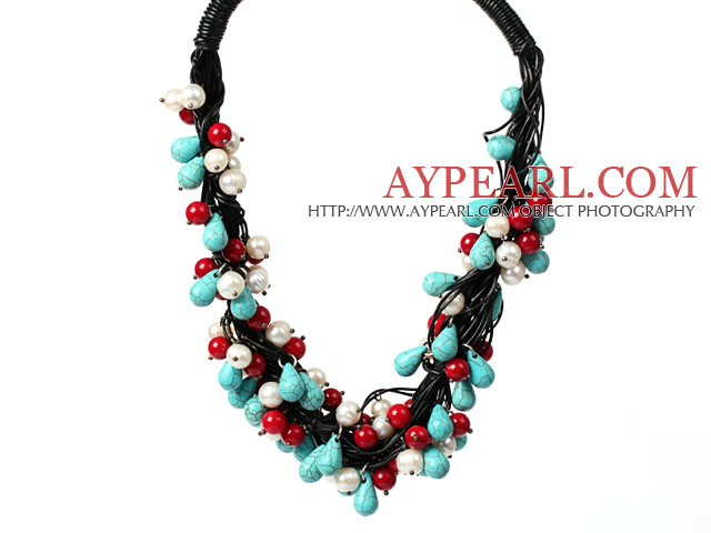 Multi Strands Assorted White Pearl and Red Coral and Turquoise Leather Necklace