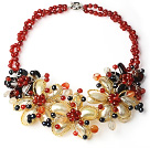 2013 Summer New Design Red Series Black Freshwater Pearl and Carnelian and Yellow Shell Flower Necklace