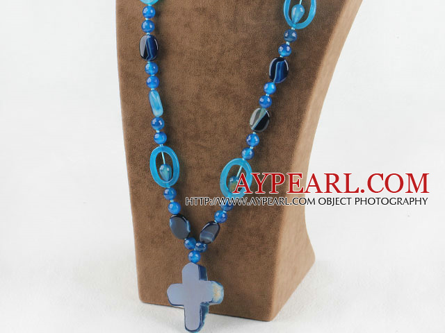 Assorted Multi Shape Blue Agate Necklace With Corss Pendant