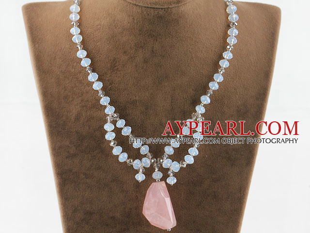 Opal Kristall und Rose Quartz Anhänger Halskette