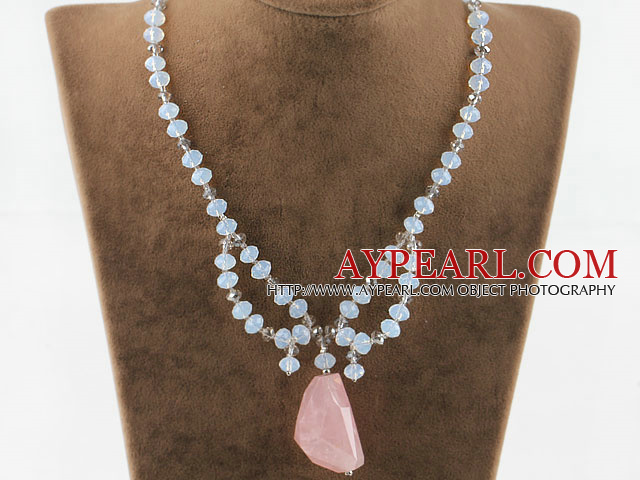 Opal Crystal og Rose Quartz anheng halskjede