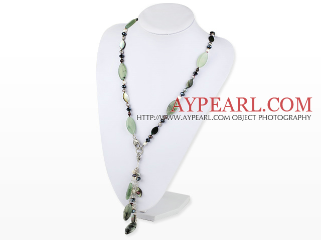 Y Shape Pearl Crystal og Serpentine Jade Necklace