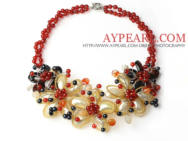 2013 Summer New Design Red Series Black Freshwater Pearl and Carnelian and Yellow Shell Flower Necklace