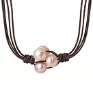 Fashion Simple Design 10-11mm Flower Shape Pink Pearl Beads with Dark Brown Leather Necklace