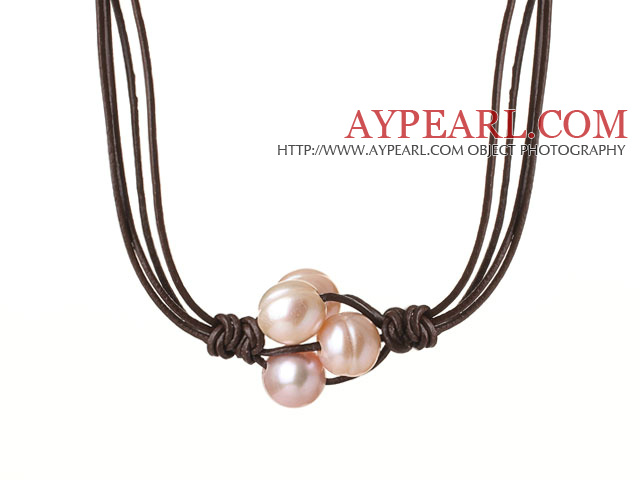 Fashion Simple Design 10-11mm Flower Shape Pink Pearl Beads with Dark Brown Leather Necklace