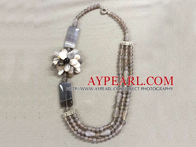 Graceful Multi Strand Gray Series Agate Flower Necklace (Flower can be a Brooch)