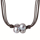 Fashion Simple Design 10-11mm Flower Shape Grey Pearl Beads with Dark Brown Leather Necklace