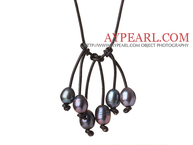 Mode Enkel design 10-11mm Black Pearl Leather Pendant Halsband med justerbar längd