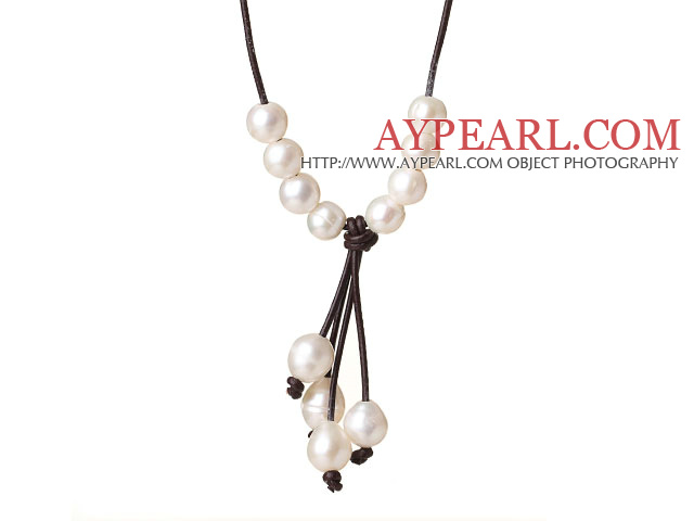 Fashion Simple Design 10-11mm White Freshwater Pearl Pendant Necklace with Dark Brown Leather