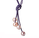 Fashion Simple Design 10-11mm Multi Color Freshwater Pearl with Purple Leather Necklace