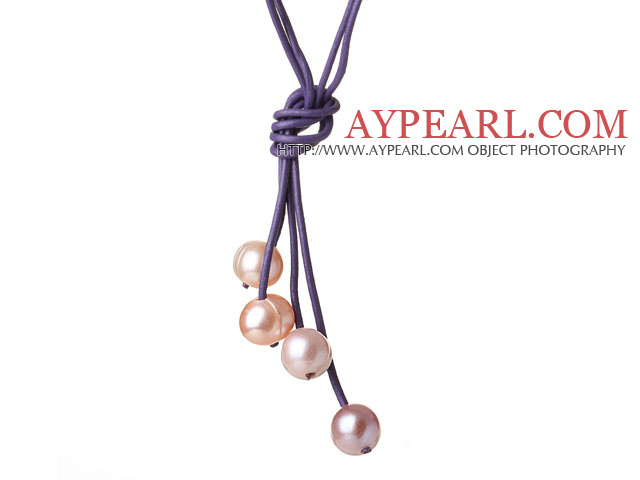 Fashion Simple Design 10-11mm Multi Color Freshwater Pearl with Purple Leather Necklace