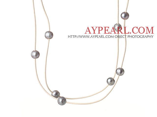 Long Simple Style 10-11mm Grey Freshwater Pearl Beads Leather Necklace