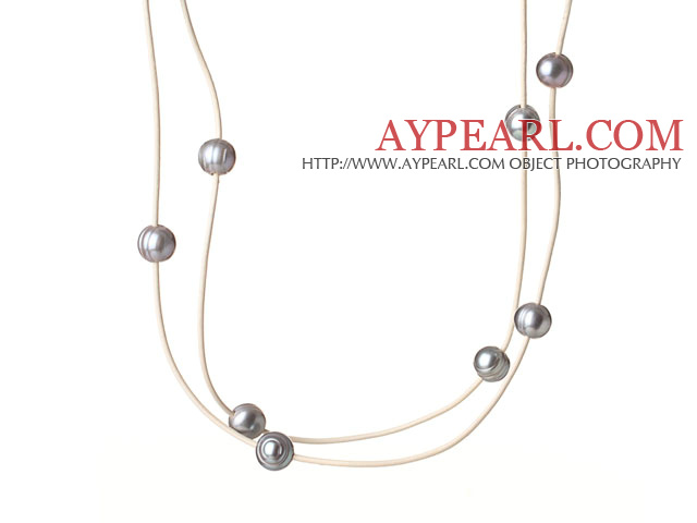 Longue style simple collier 10-11mm gris perle d'eau douce Perles cuir