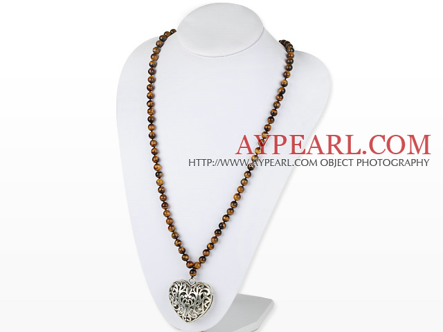 31.5 inches 8mm tiger eye ball necklace with hear pendant charm