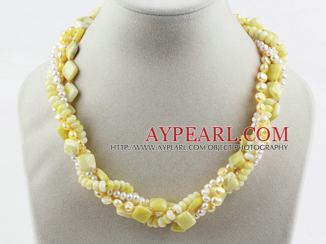 Multi Strand White Freshwater Pearl and Lemon Stone Necklace with Moonlight Clasp