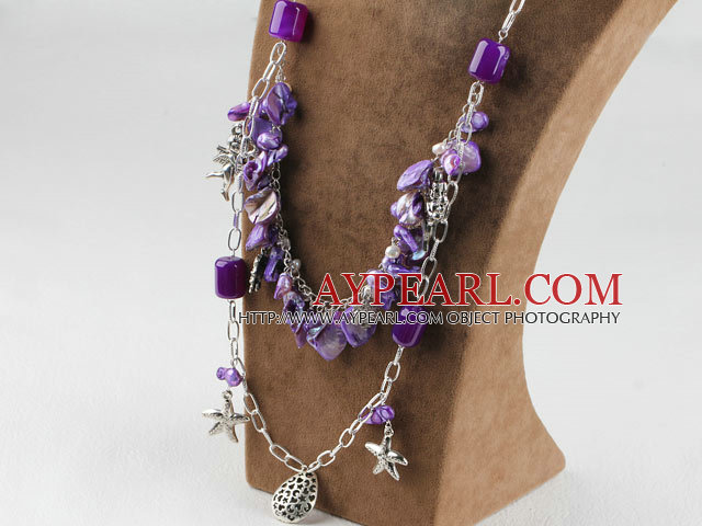 星の魚角の魅力と紫の色パールシェルと瑪瑙のネックレス
